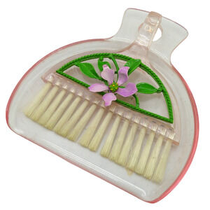 Lot of 2 Vintage Decorative Floral Mini Broom Dustpan Brush Plastic Cleaning Set